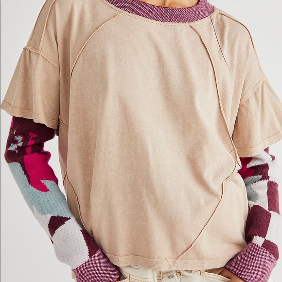 Free People Tops - Free People Beige Tee with Pink and Light Blue Sleeve Details